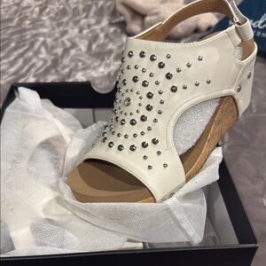 Corkys White and Tan Wedge Shoes with Studded Details